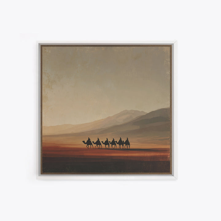 Camel Caravan Crossing Golden Dunes Framed Canvas Print, Desert Art, Living Room Decor, Southwestern Decor, Oil Painting, DES-1x1-7