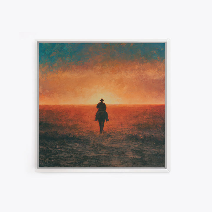 Dusty Horseback Rider at Sunset Framed Canvas Print, Desert Art, Nature Wall Art, Southwestern Decor, Fine Art, Desert, DES-1x1-71