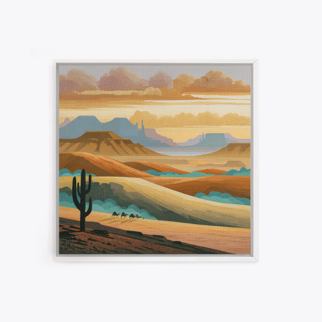 Saharan Dunes with Tiny Caravan Silhouettes Framed Canvas Print, Desert Art, Art Print, Southwestern Decor, Fine Art, Desert, DES-1x1-74