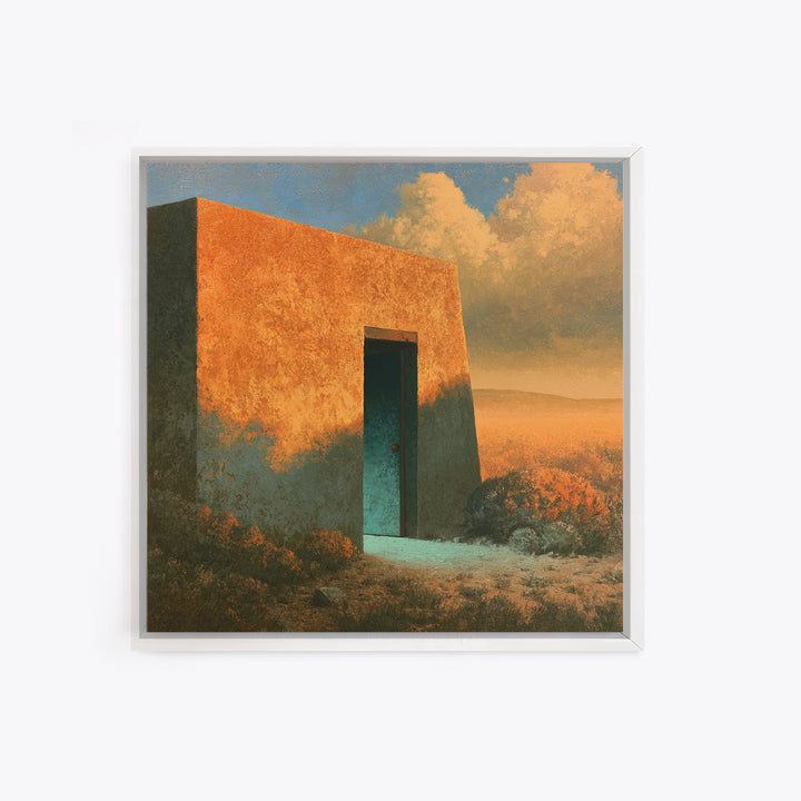 Adobe Doorway with Turquoise Shadow Canvas Print, Desert Art, Oil Painting, Southwestern Decor, Desert, Bedroom Wall Art, DES-1x1-77