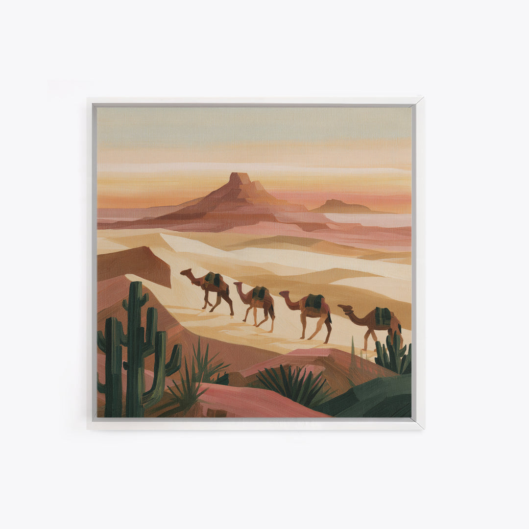 Camel Caravan Crossing Golden Dunes Framed Canvas Print, Desert Art, Art Print, Southwestern Decor, Fine Art, Desert, DES-1x1-79