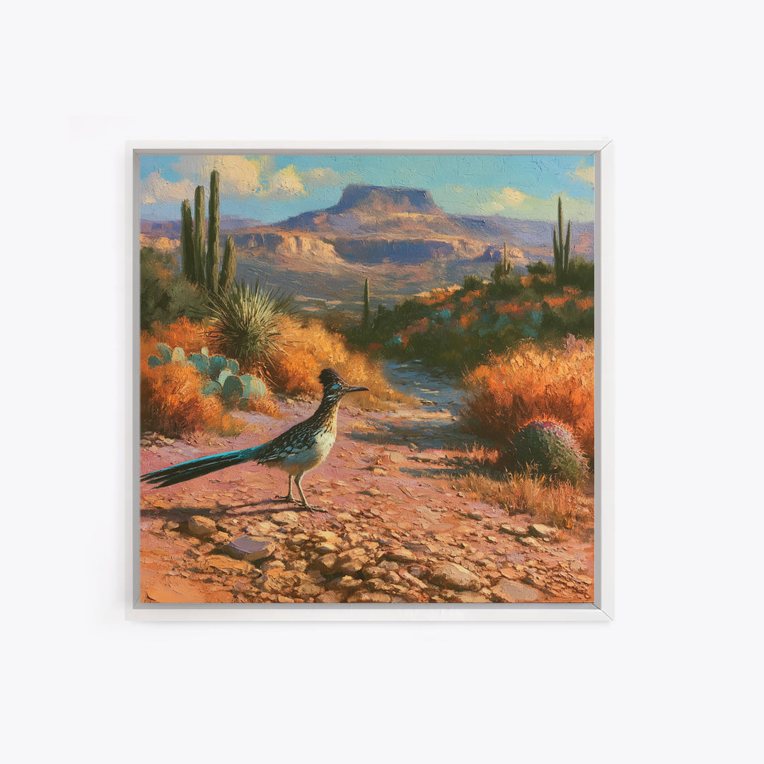 Roadrunner Bird in a Dry Wash Canvas Print, Desert Art, Minimalist Decor, Southwestern Decor, Oil Painting, Desert, Boho, DES-1x1-86