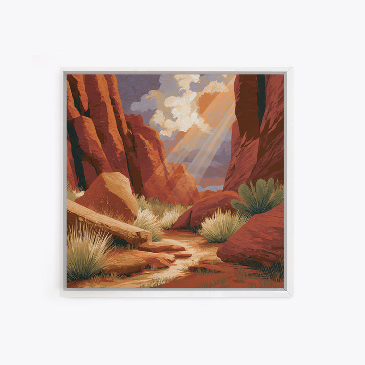 Sandstone Canyon with Dramatic Light Beam Framed Canvas Print, Desert Art, Wall Art, Southwestern Decor, Oil Painting, Desert, DES-1x1-88