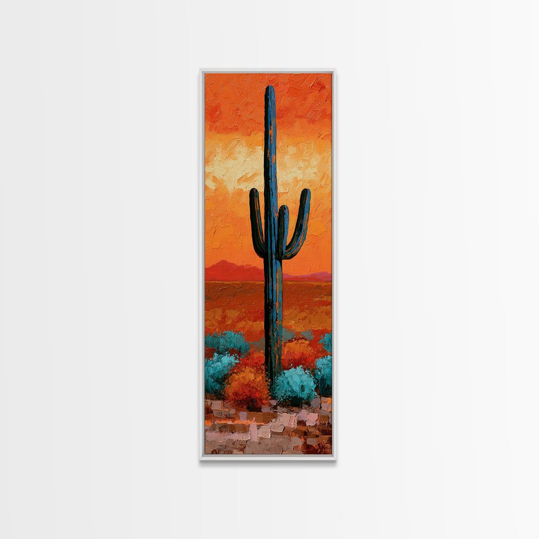 Saguaro Cactus under Orange Sunset Sky Canvas Print, Desert Art, Printable Wall Art, Southwestern Decor, Oil Painting, Desert, DES-1x3-13