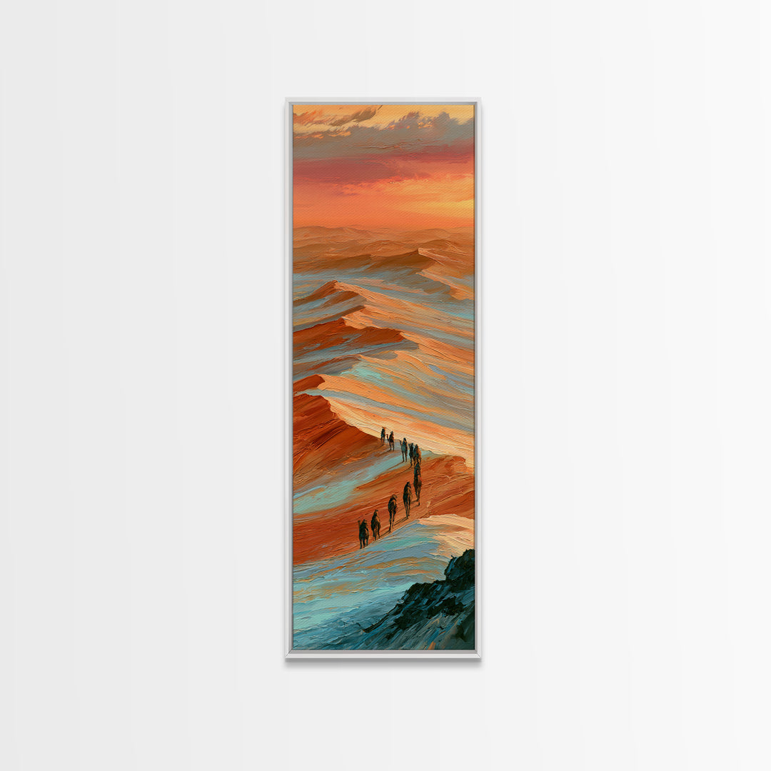 Camel Caravan Crossing Golden Dunes Framed Canvas Print, Desert Art, Mountain Wall Art, Southwestern Decor, Oil Painting, DES-1x3-19