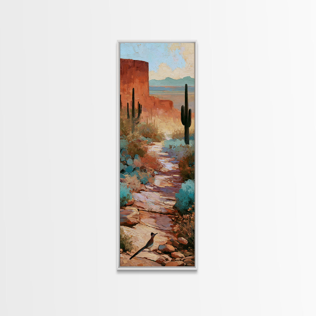 Roadrunner Bird in a Dry Wash Framed Canvas Print, Desert Art, Textured Painting, Southwestern Decor, Fine Art, Desert, DES-1x3-74