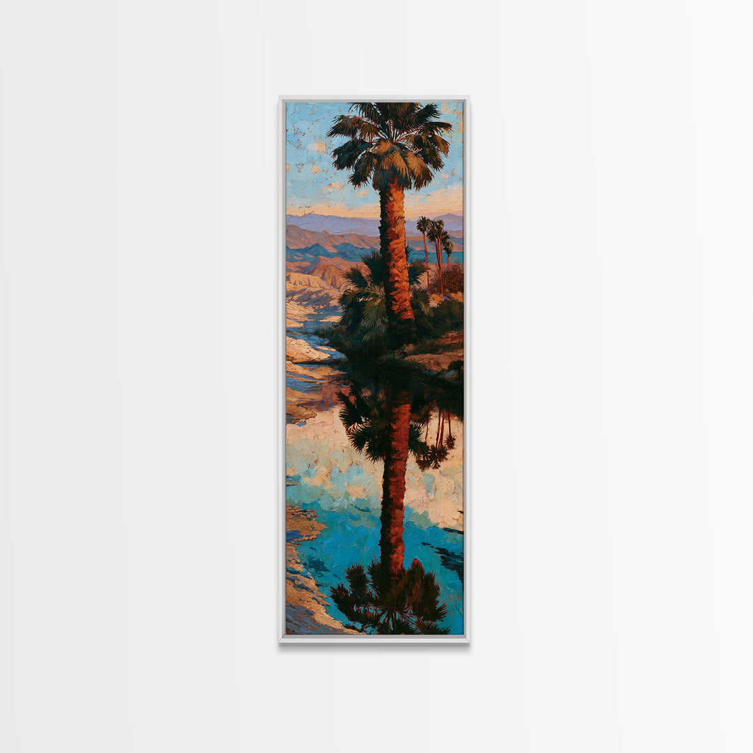 Palm Oasis Reflected Framed Canvas Print, Desert Art, Wall Art, Southwestern Decor, Oil Painting, Desert, Apartment Decor, DES-1x3-75
