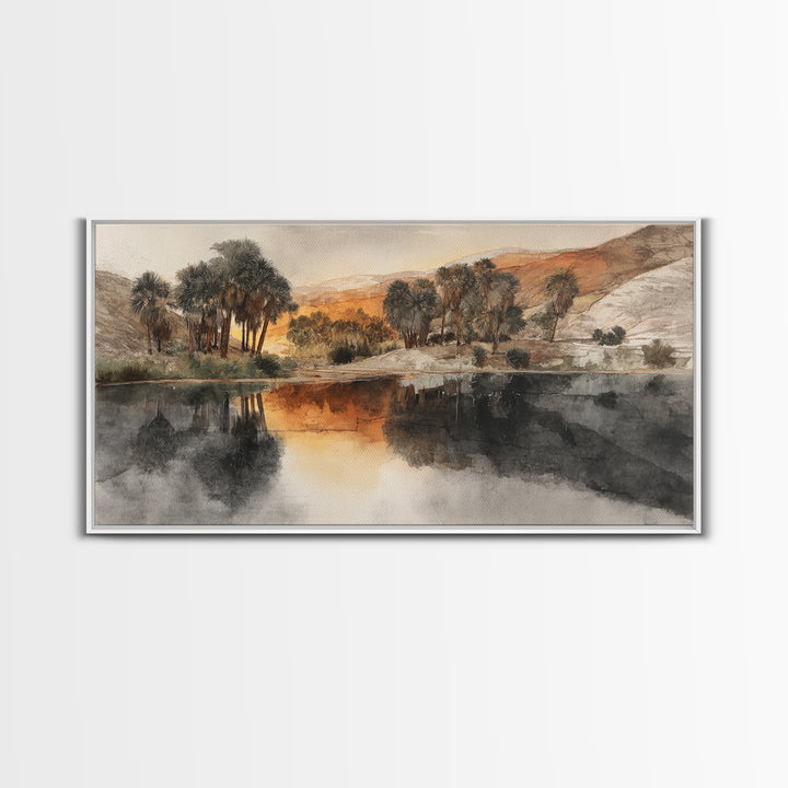 Palm Oasis Reflected Framed Canvas Print, Desert Art, Western Wall Art, Southwestern Decor, Watercolor Art, Desert, DES-2x1-11