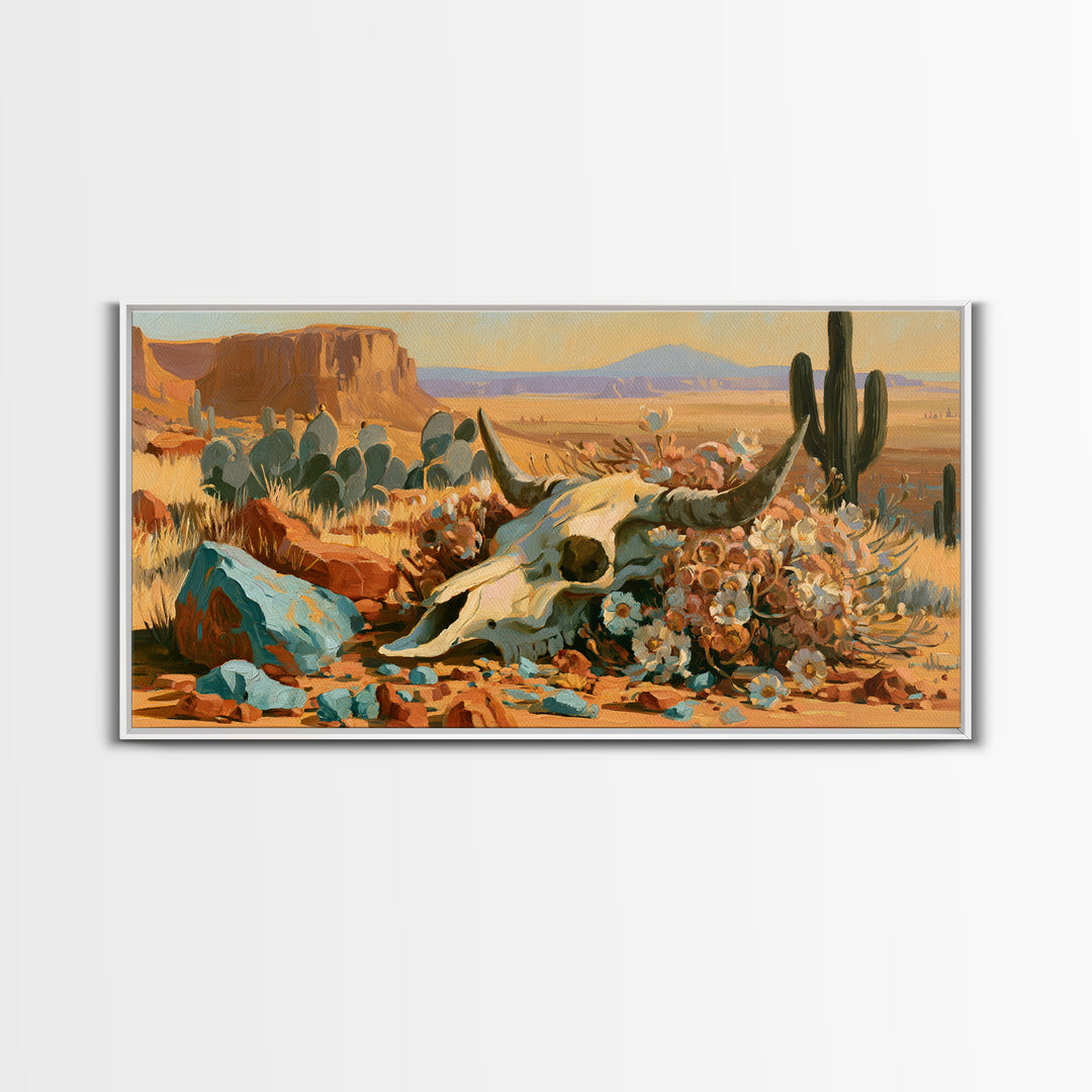 Sun Bleached Skull and Desert Flowers Framed Canvas Print, Desert Art, Art Print, Southwestern Decor, Watercolor Art, Desert, DES-2x1-8