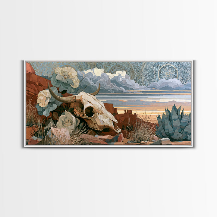 Sun Bleached Skull and Desert Flowers Framed Canvas Print, Desert Art, Modern Wall Art, Southwestern Decor, Oil Painting, DES-2x1-80