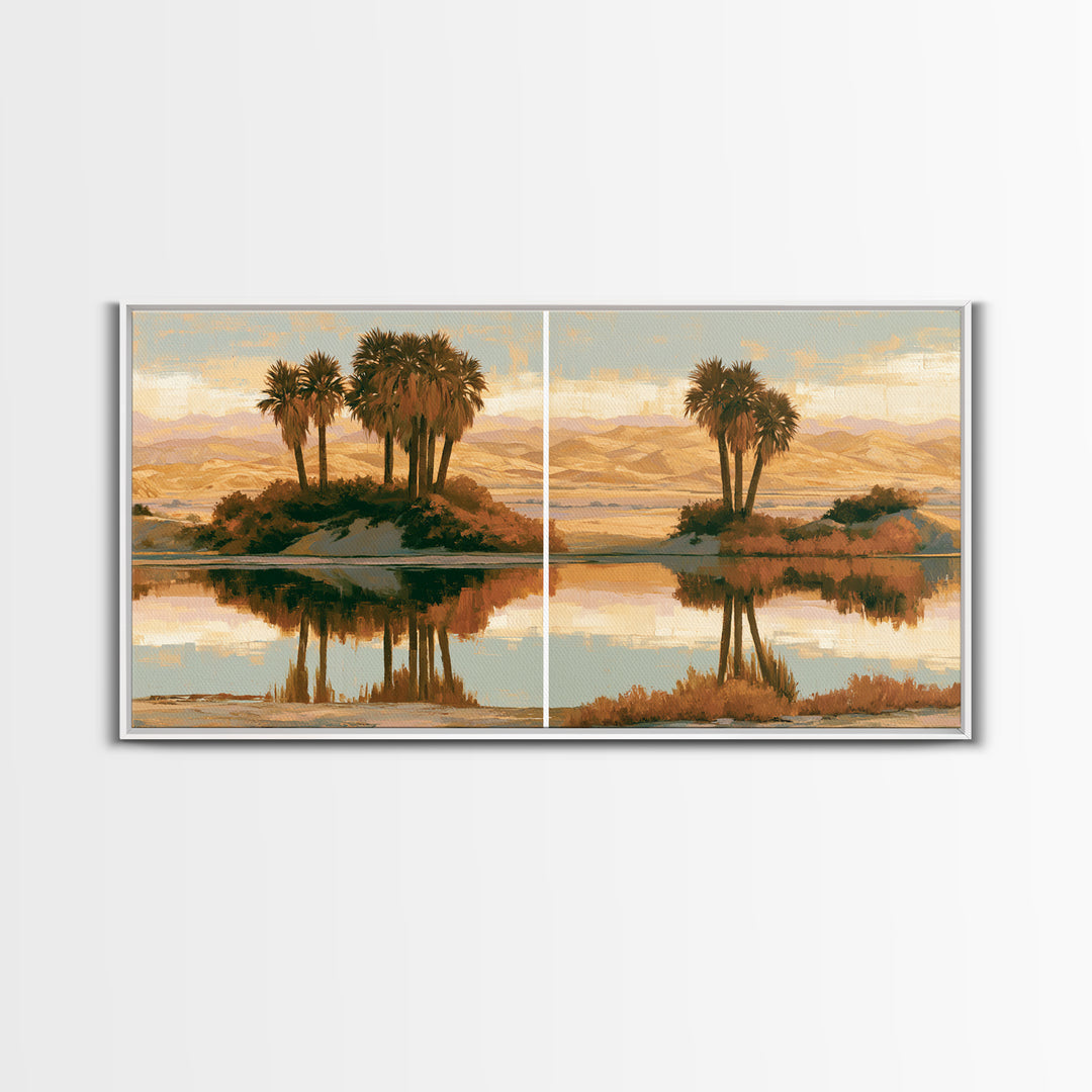 Palm Oasis Reflected Framed Canvas Print, Desert Art, Wall Art Prints, Southwestern Decor, Oil Painting, Desert, Boho Decor, DES-2x1-83