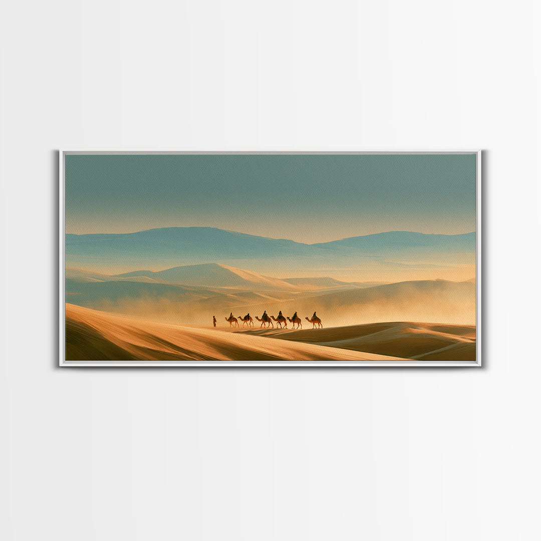 Camel Caravan Crossing Golden Dunes Framed Canvas Print, Desert Art, Western Wall Art, Southwestern Decor, Fine Art, Desert, DES-2x1-99