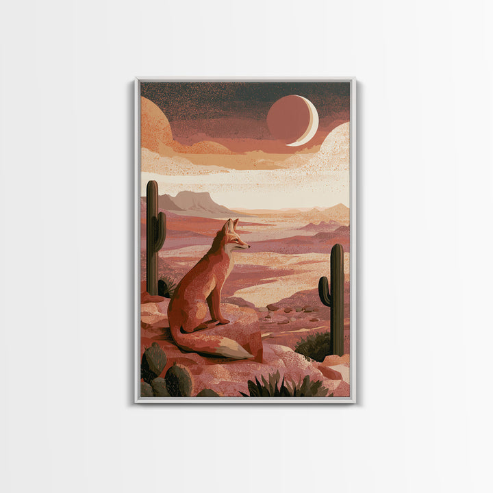 Desert Fox Beneath a Crescent Moon Framed Canvas Print, Desert Art, Abstract Wall Art, Southwestern Decor, Oil Painting, Desert, DES-2x3-1