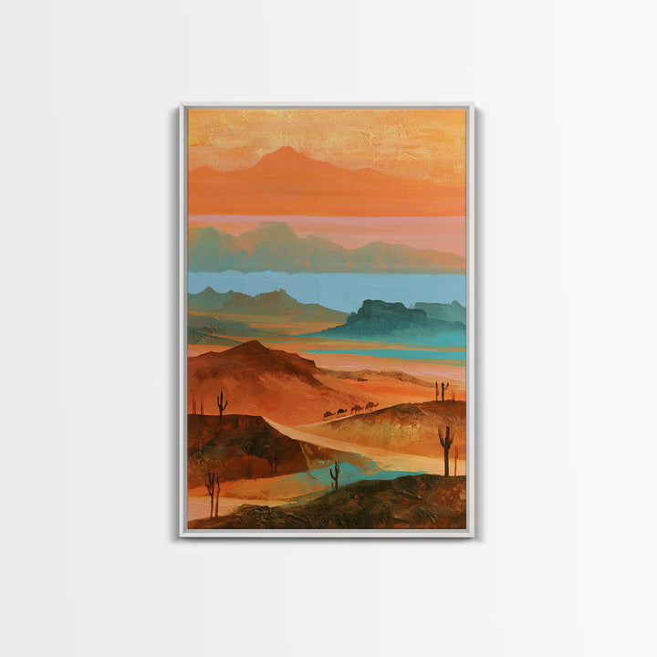 Saharan Dunes with Tiny Caravan Silhouettes Canvas Print, Desert Art, Print, Southwestern Decor, Desert, Watercolor Painting, DES-2x3-10