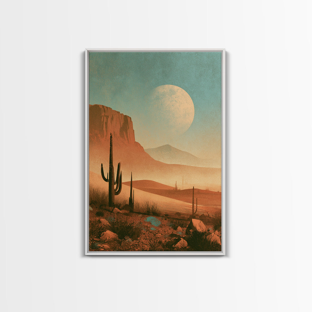 Desert Moon over Rolling Sand Framed Canvas Print, Desert Art, Wall Art Prints, Southwestern Decor, Watercolor Art, Desert, DES-2x3-18