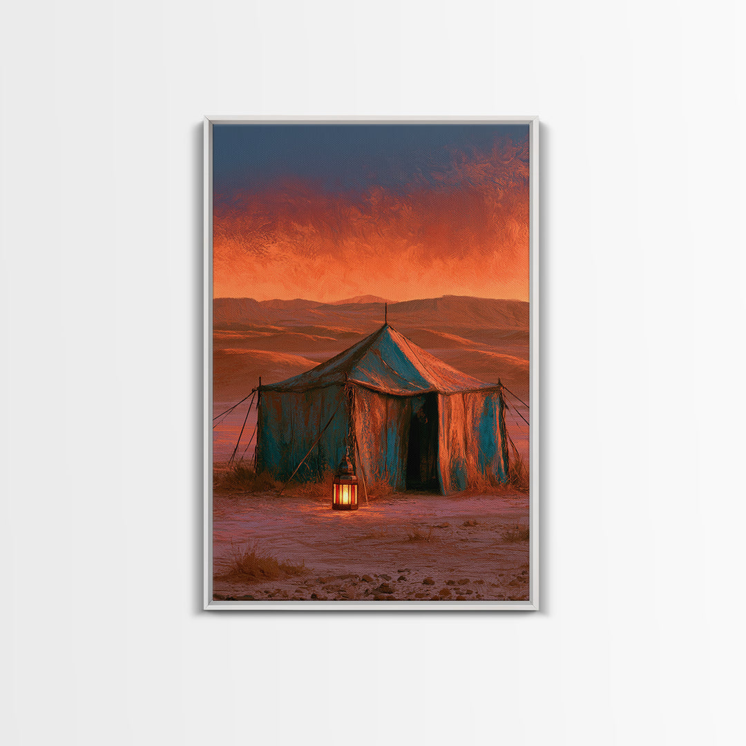 Moroccan Desert Tent Framed Canvas Print, Desert Art, Boho, Southwestern Decor, Desert, Mountain Wall Art, Landscape Wall Art, DES-2x3-19