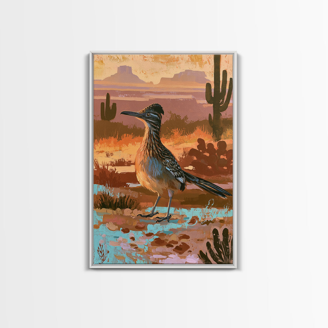 Roadrunner Bird in a Dry Wash Framed Canvas Print, Desert Art, Original Painting, Southwestern Decor, Fine Art, Desert, DES-2x3-22