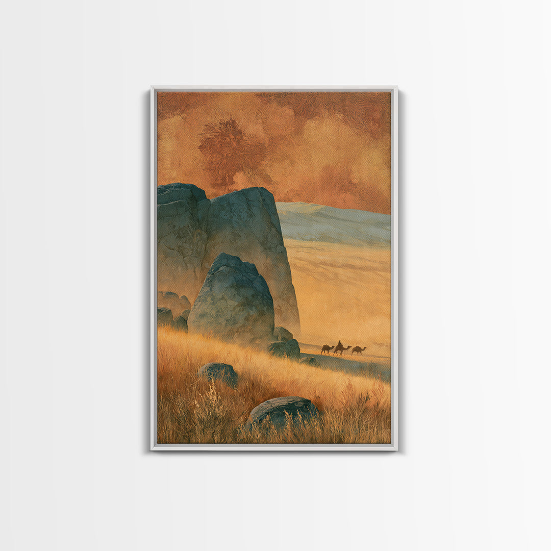 Saharan Dunes with Tiny Caravan Silhouettes Framed Canvas Print, Desert Art, Boho, Southwestern Decor, Fine Art, Desert, DES-2x3-34