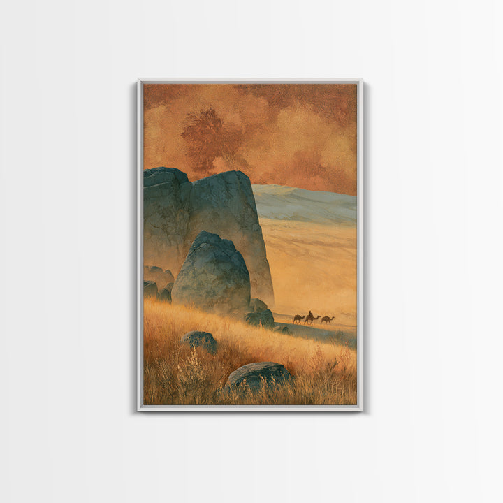 Saharan Dunes with Tiny Caravan Silhouettes Framed Canvas Print, Desert Art, Boho, Southwestern Decor, Fine Art, Desert, DES-2x3-34