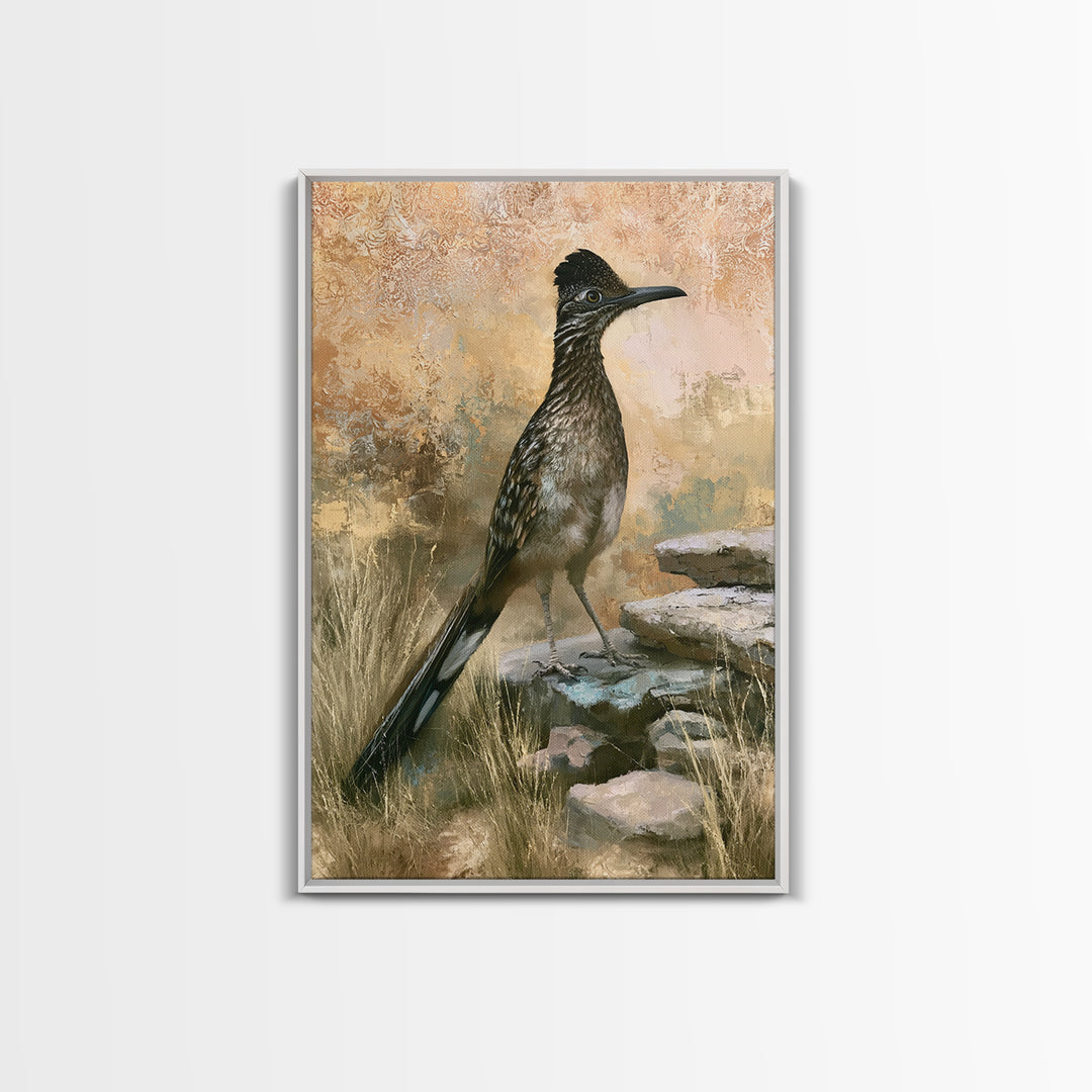 Roadrunner Bird in a Dry Wash Framed Canvas Print, Desert Art, Original Painting, Southwestern Decor, Fine Art, Desert, DES-2x3-46
