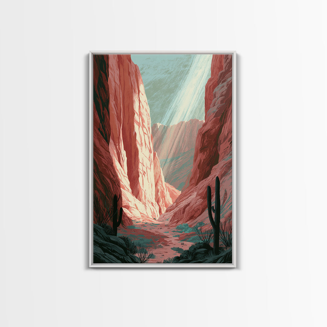 Sandstone Canyon with Dramatic Light Beam Framed Canvas Print, Desert Art, Boho, Southwestern Decor, Watercolor Art, Desert, DES-2x3-48