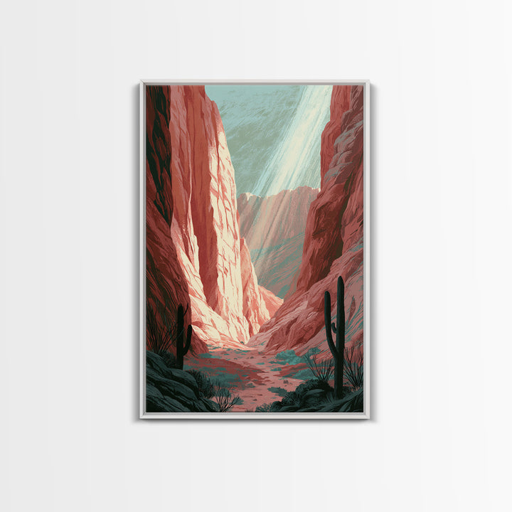 Sandstone Canyon with Dramatic Light Beam Framed Canvas Print, Desert Art, Boho, Southwestern Decor, Watercolor Art, Desert, DES-2x3-48