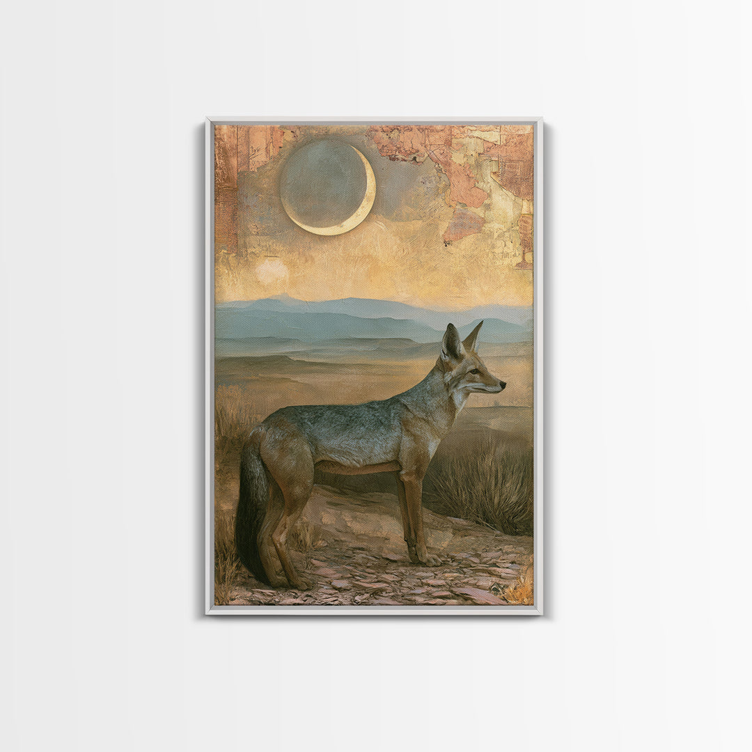 Desert Fox Beneath a Crescent Moon Canvas Print, Desert Art, Bedroom Wall Art, Southwestern Decor, Desert, Fine Art Print, DES-2x3-49