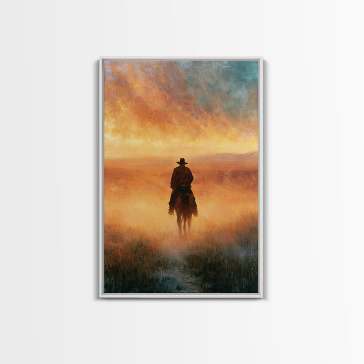 Dusty Horseback Rider at Sunset Framed Canvas Print, Desert Art, Boho Decor, Southwestern Decor, Oil Painting, Desert, DES-2x3-55