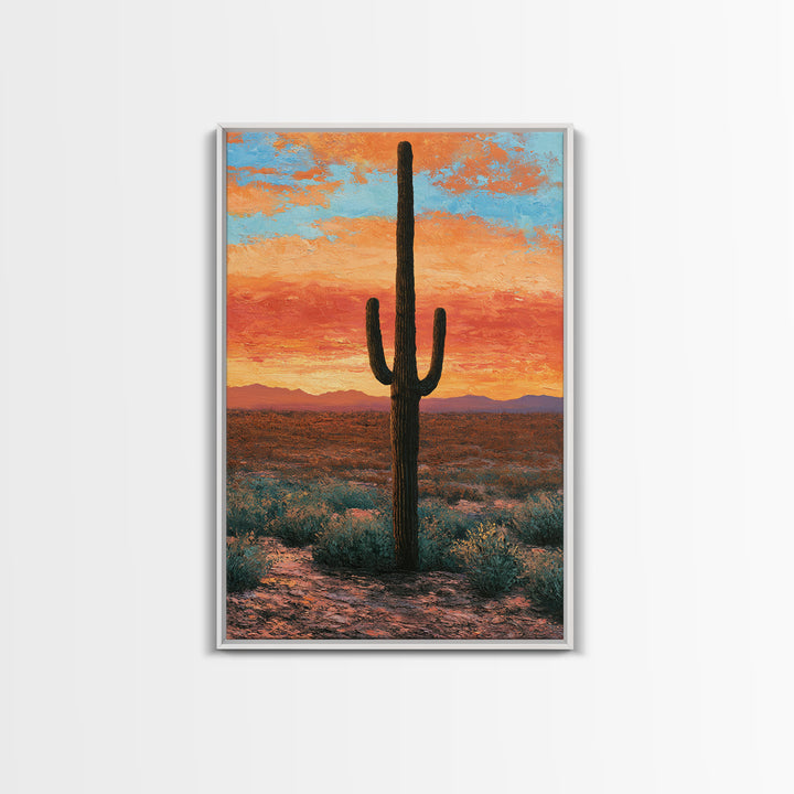 Saguaro Cactus under Orange Sunset Sky Canvas Print, Desert Art, Living Room Art, Southwestern Decor, Fine Art, Desert, DES-2x3-57