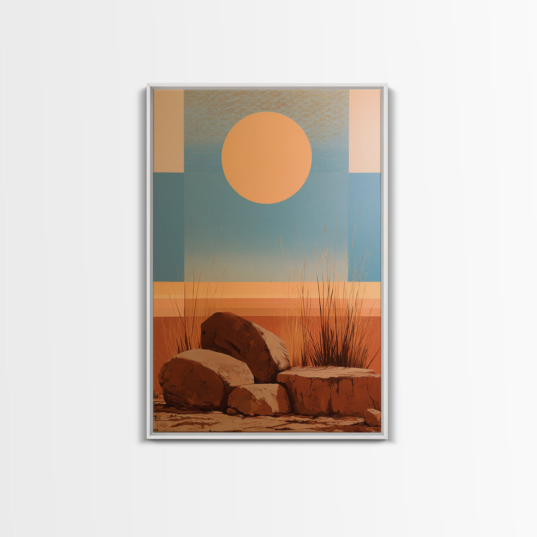Minimal Beige Sun Framed Canvas Print, Desert Art, Digital Prints, Southwestern Decor, Oil Painting, Desert, Boho Wall Art, DES-2x3-6