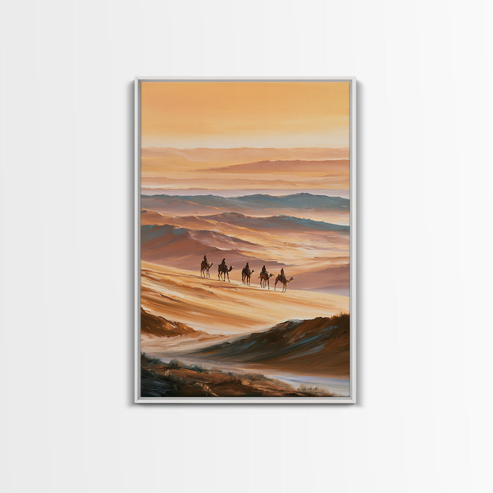 Camel Caravan Crossing Golden Dunes Framed Canvas Print, Desert Art, Botanical Art, Southwestern Decor, Watercolor Art, Desert, DES-2x3-63