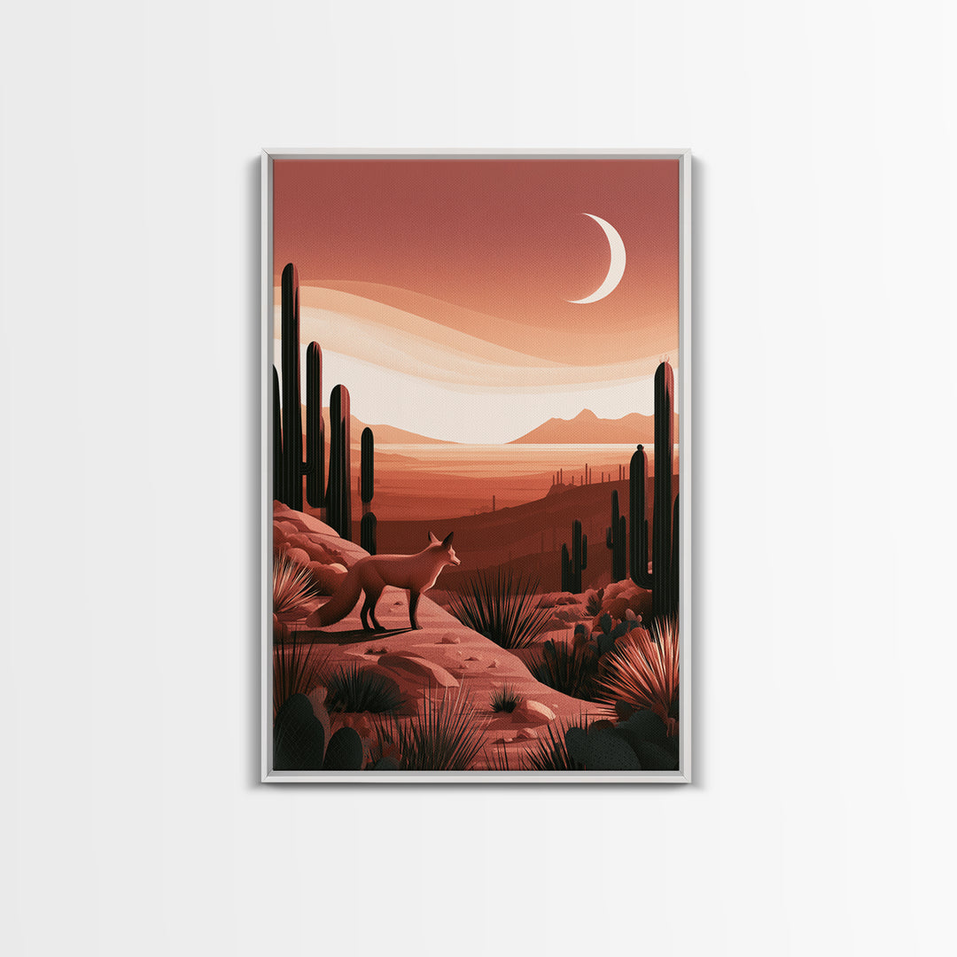 Desert Fox Beneath a Crescent Moon Framed Canvas Print, Desert Art, Botanical Art, Southwestern Decor, Fine Art, Desert, DES-2x3-73