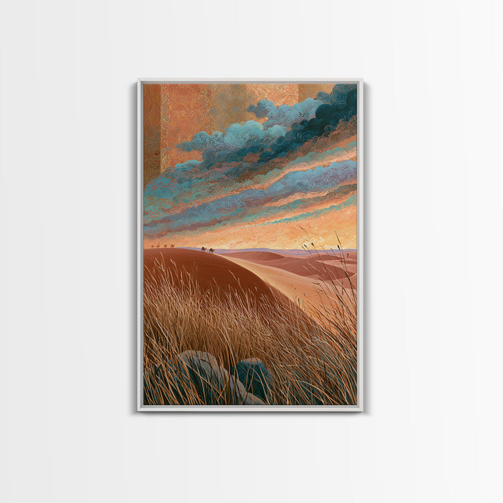 Saharan Dunes with Tiny Caravan Silhouettes Canvas Print, Desert Art, Boho Wall Art, Southwestern Decor, Watercolor Art, Desert, DES-2x3-82