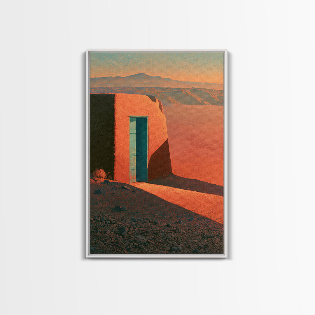 Adobe Doorway with Turquoise Shadow Framed Canvas Print, Desert Art, Nature Wall Art, Southwestern Decor, Oil Painting, Desert, DES-2x3-85