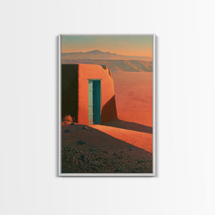 Adobe Doorway with Turquoise Shadow Framed Canvas Print, Desert Art, Nature Wall Art, Southwestern Decor, Oil Painting, Desert, DES-2x3-85