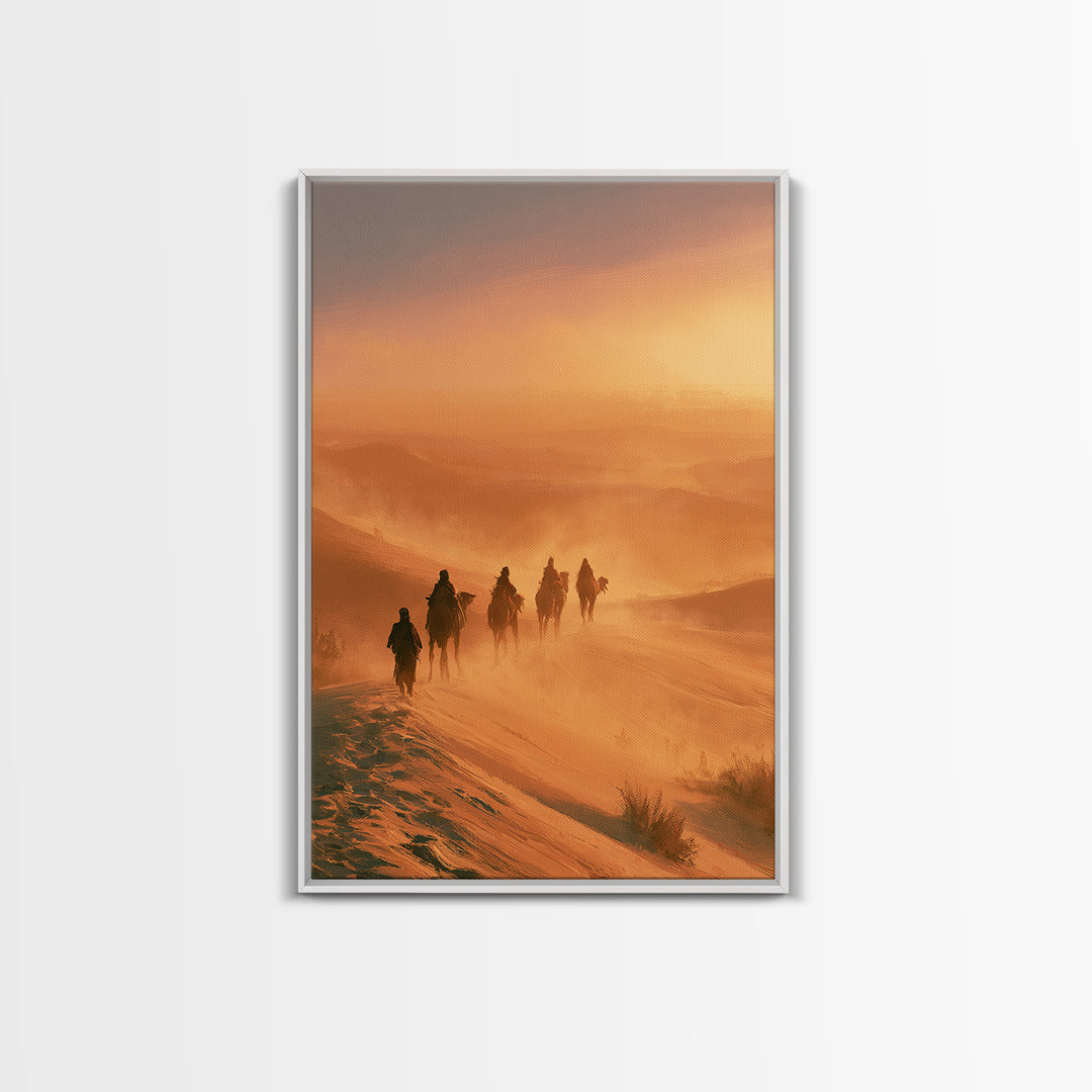 Camel Caravan Crossing Golden Dunes Framed Canvas Print, Desert Art, Southwestern Decor, Oil Painting, Desert, DES-2x3-87