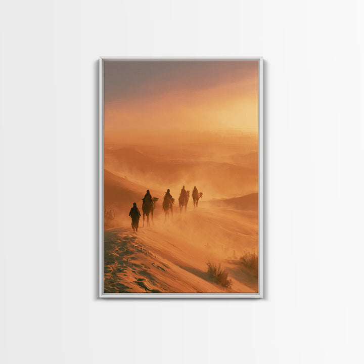 Camel Caravan Crossing Golden Dunes Framed Canvas Print, Desert Art, Southwestern Decor, Oil Painting, Desert, DES-2x3-87
