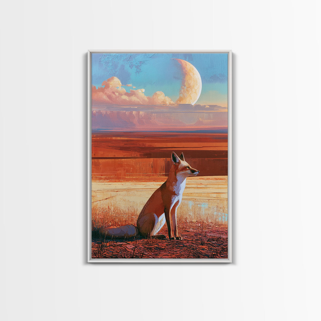 Desert Fox Beneath a Crescent Moon Framed Canvas Print, Desert Art, Botanical Art, Southwestern Decor, Fine Art, Desert, DES-2x3-97