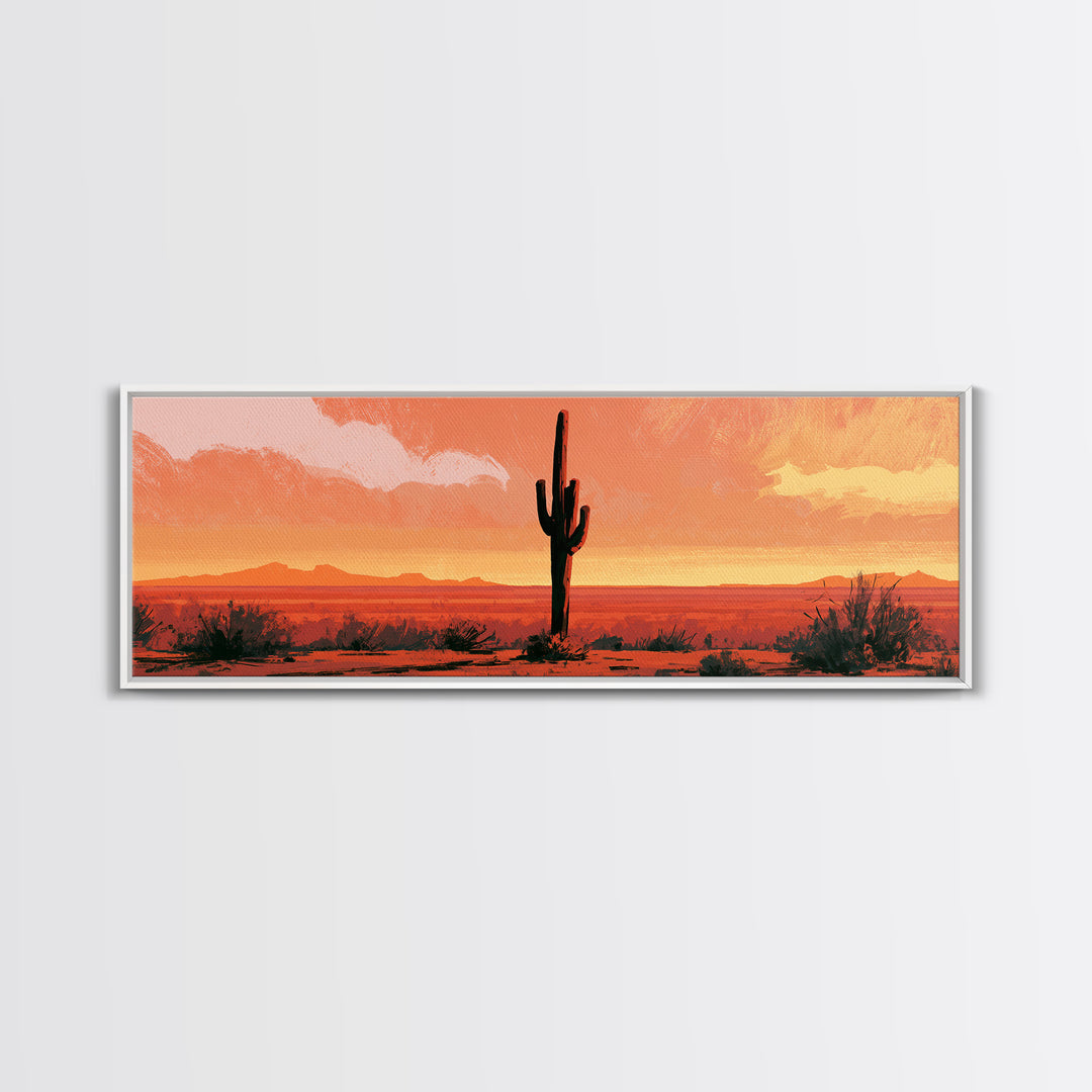 Saguaro Cactus under Orange Sunset Sky Framed Canvas Print, Desert Art, Gallery Decor, Southwestern Decor, Fine Art, Desert, DES-3x1-17