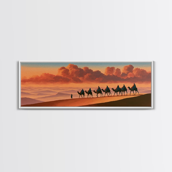 Camel Caravan Crossing Golden Dunes Framed Canvas Print, Desert Art, Boho, Southwestern Decor, Desert, Mountain Wall Art, DES-3x1-47