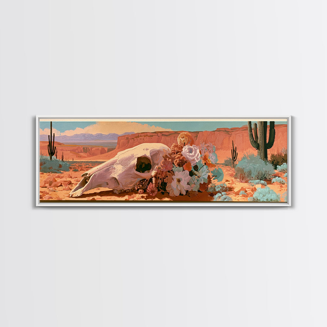 Sun Bleached Skull and Desert Flowers Framed Canvas Print, Desert Art, Contemporary Art, Southwestern Decor, Fine Art, Desert, DES-3x1-52