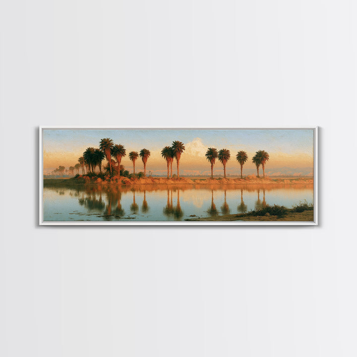 Palm Oasis Reflected Framed Canvas Print, Desert Art, Wall Art Prints, Southwestern Decor, Oil Painting, Desert, Boho Decor, DES-3x1-55