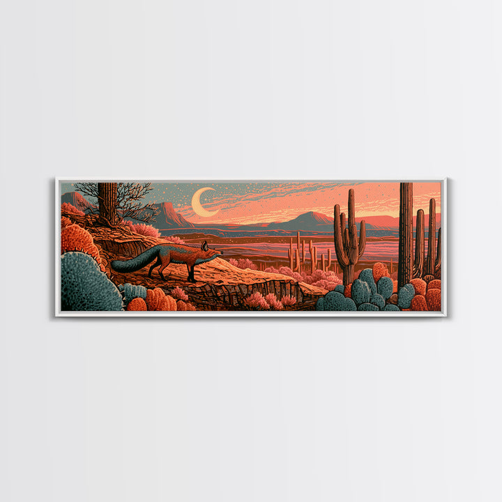 Desert Fox Beneath a Crescent Moon Framed Canvas Print, Desert Art, Mountain Wall Art, Southwestern Decor, Fine Art, Desert, DES-3x1-9