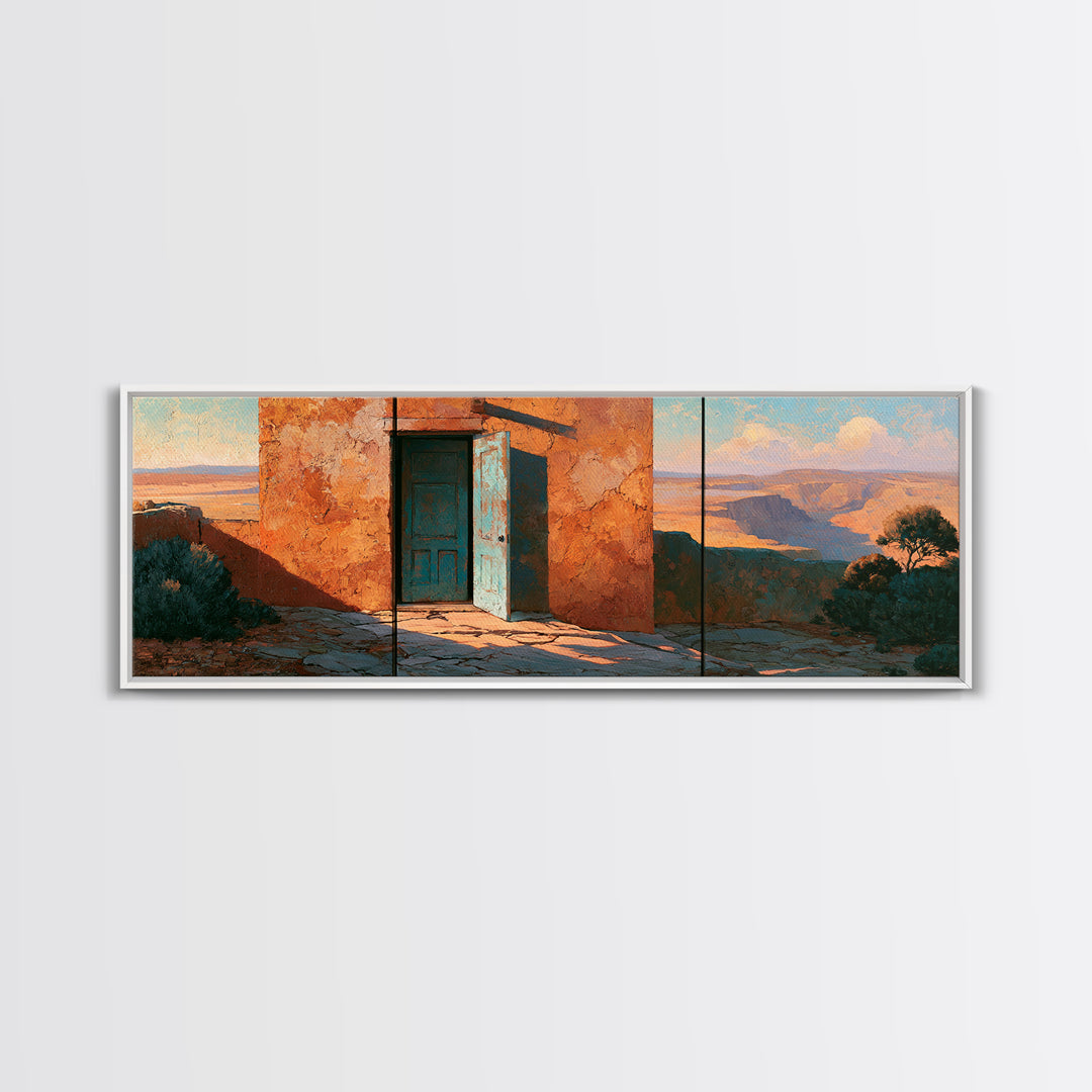Adobe Doorway with Turquoise Shadow Canvas Print, Desert Art, Southwestern Decor, Oil Painting, Desert, Printable Art, DES-3x1-93