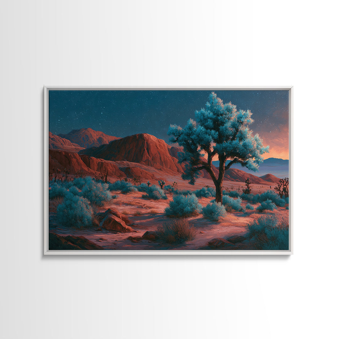 Joshua Tree under Star Filled Night Framed Canvas Print, Desert Art, Mountain Wall Art, Southwestern Decor, Oil Painting, DES-3x2-10