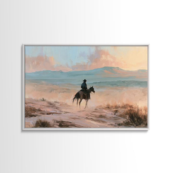 Dusty Horseback Rider at Sunset Framed Canvas Print, Desert Art, Wall Art, Southwestern Decor, Desert, Apartment Decor, DES-3x2-27