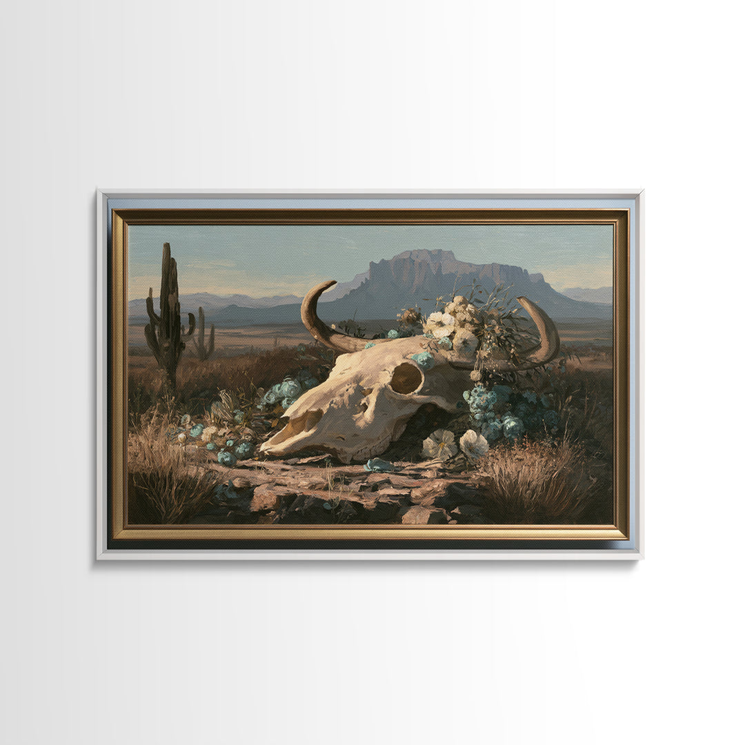 Sun Bleached Skull and Desert Flowers Framed Canvas Print, Desert Art, Southwestern Decor, Watercolor Art, Desert, DES-3x2-40