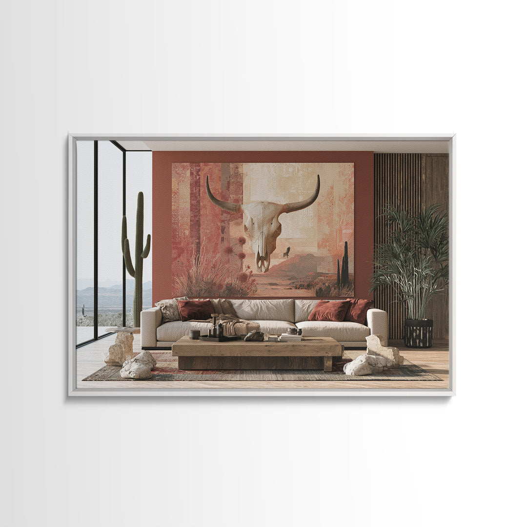 Sun Bleached Skull and Desert Flowers Framed Canvas Print, Desert Art, Original Painting, Southwestern Decor, Fine Art, Desert, DES-3x2-64