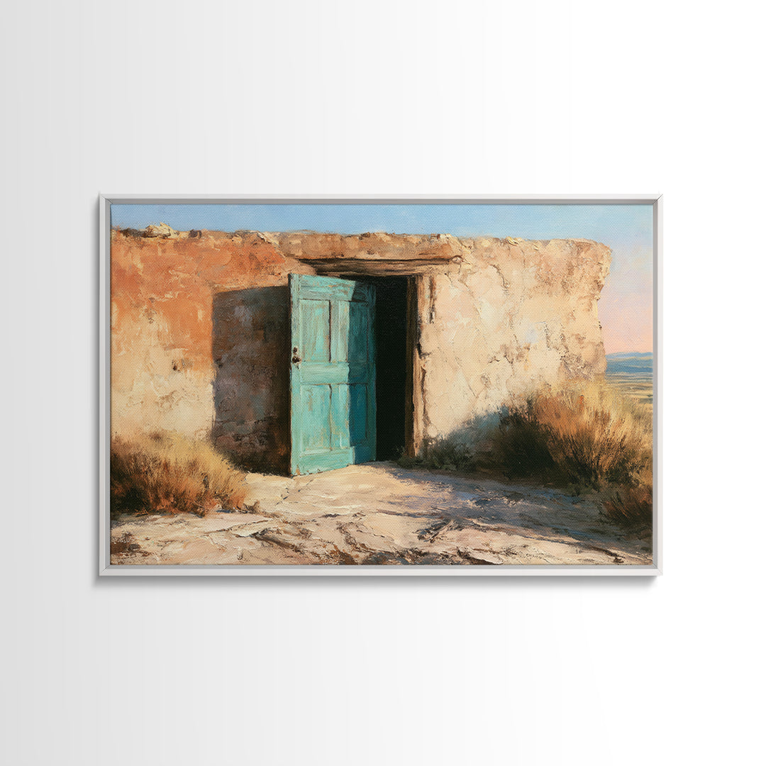 Adobe Doorway with Turquoise Shadow Framed Canvas Print, Desert Art, Contemporary Art, Southwestern Decor, Fine Art, Desert, DES-3x2-81