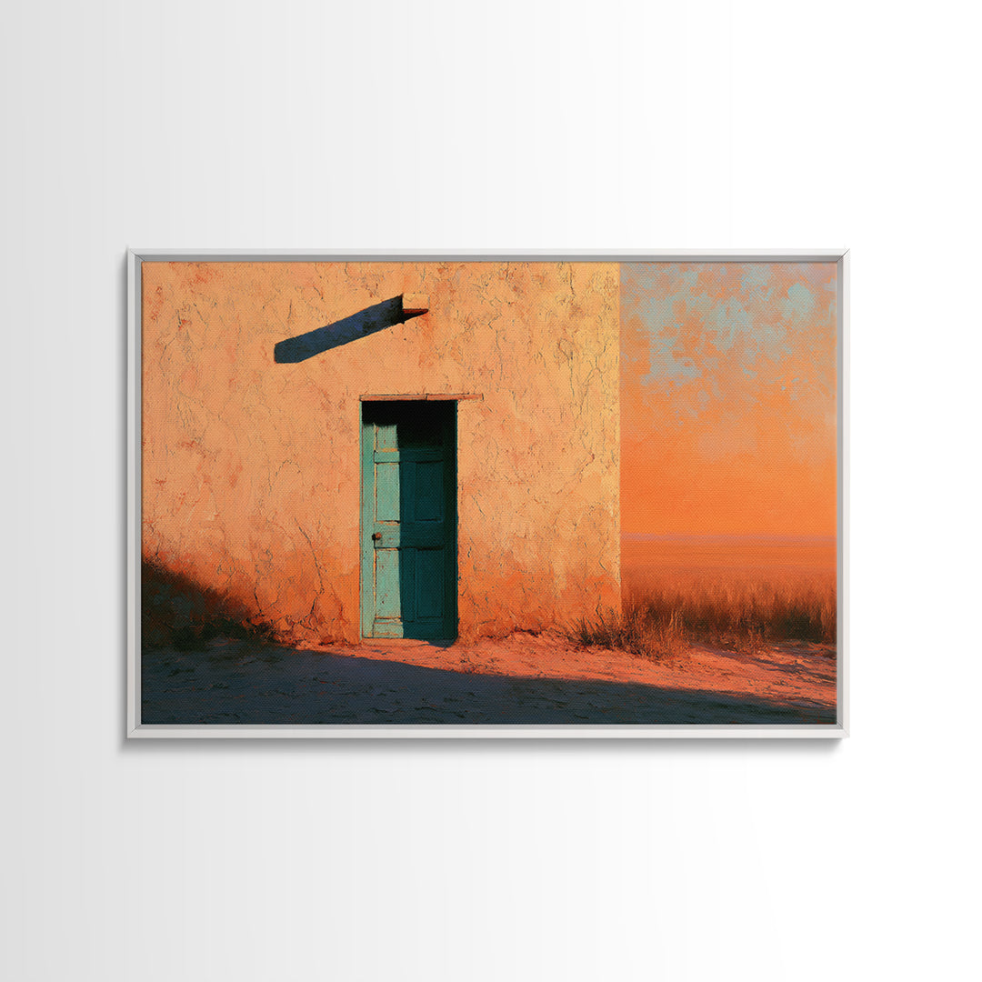Adobe Doorway with Turquoise Shadow Framed Canvas Print, Desert Art, Nature Wall Art, Southwestern Decor, Oil Painting, Desert, DES-3x2-9